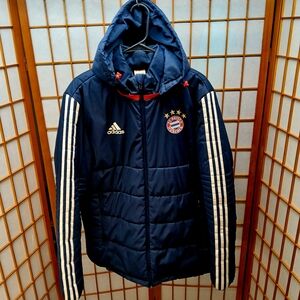Adidas Dark Blue Puffer Jacket with White Stripes